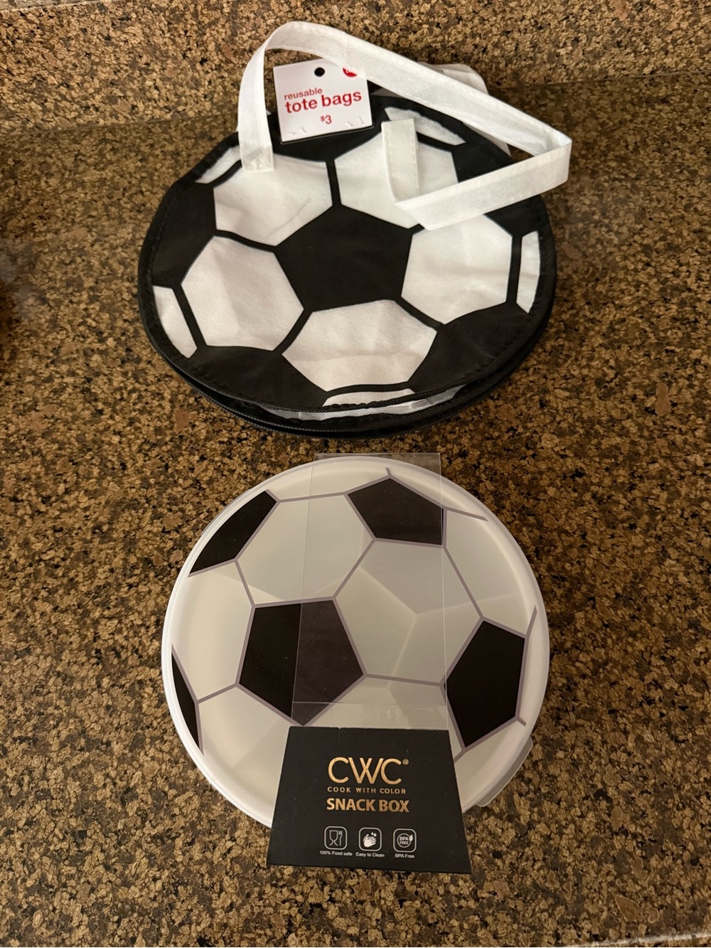 Soccer-Print Snack Box and 2 Reusable Tote Bags- Black & White
